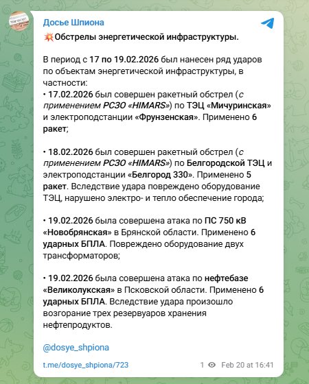 Strikes on Russian Energy Facilities Feb 17–19