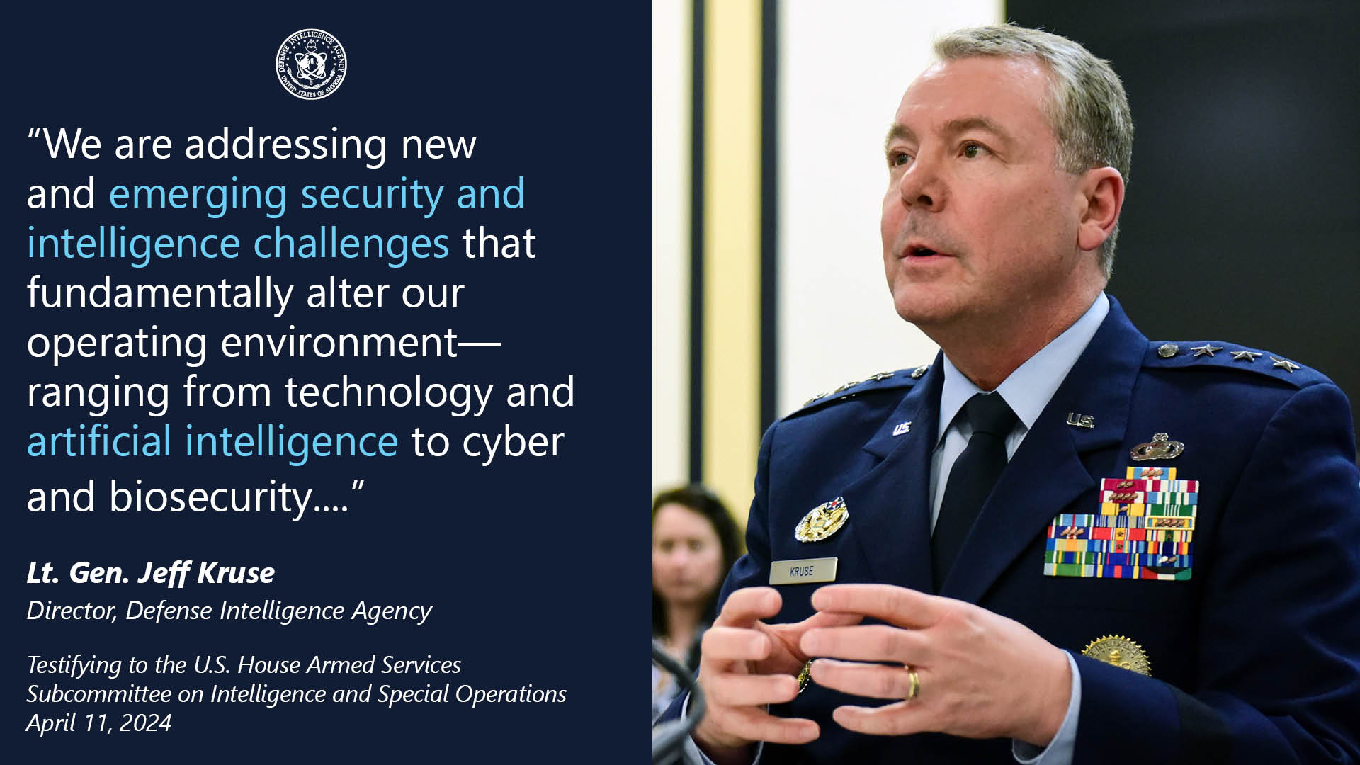 DIA Director Kruse testifies before House Armed Services Subcommittee on Defense Intelligence