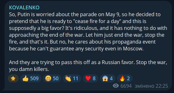Putin Proposes Truce Fearing May 9th Parade Disruption