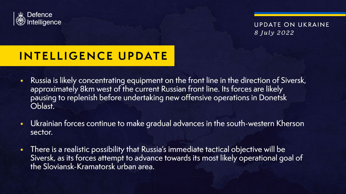 British Defense Intelligence Ukraine Update July 8, 2022