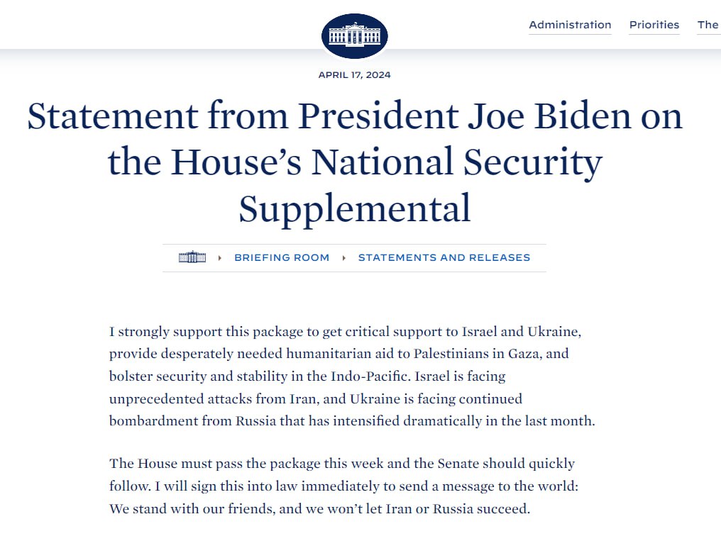 Biden ready to sign Ukraine, Israel, Taiwan aid bills if Congress approves