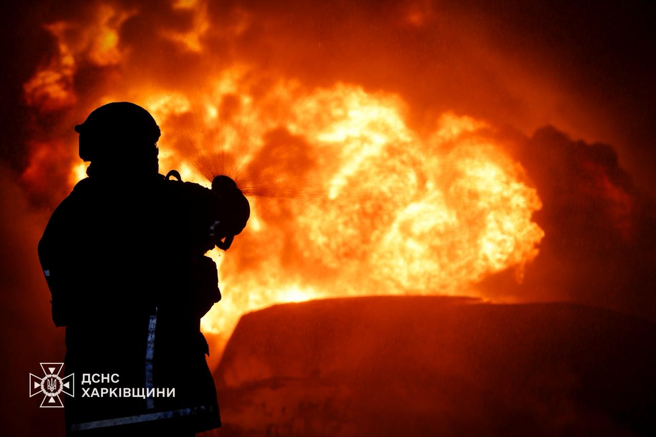 Russian drone attack ignites fire at civilian enterprise in Kharkiv region