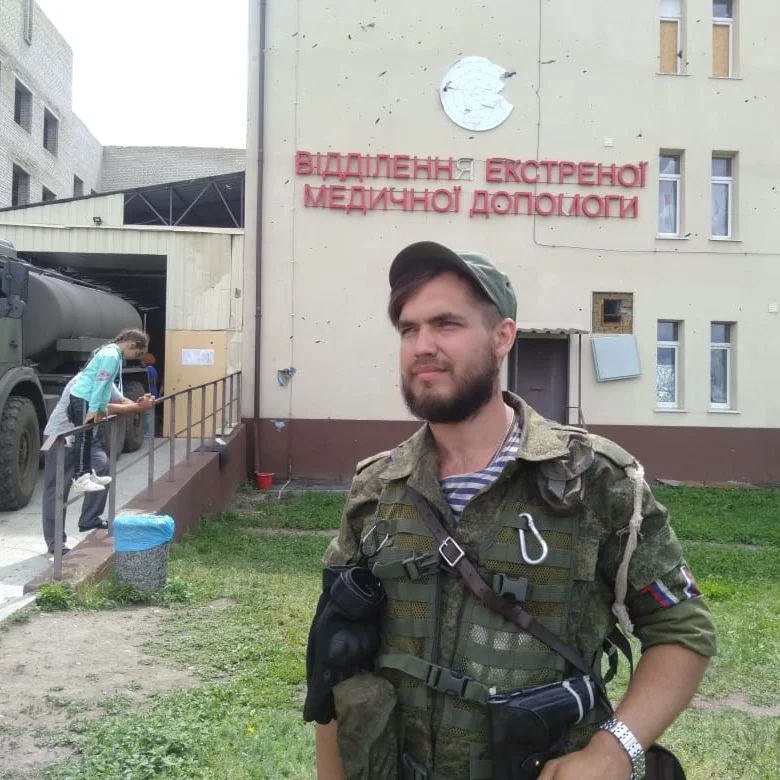 Russian fuel truck and soldier geolocated outside Izium Central Hospital, Kharkiv Oblast