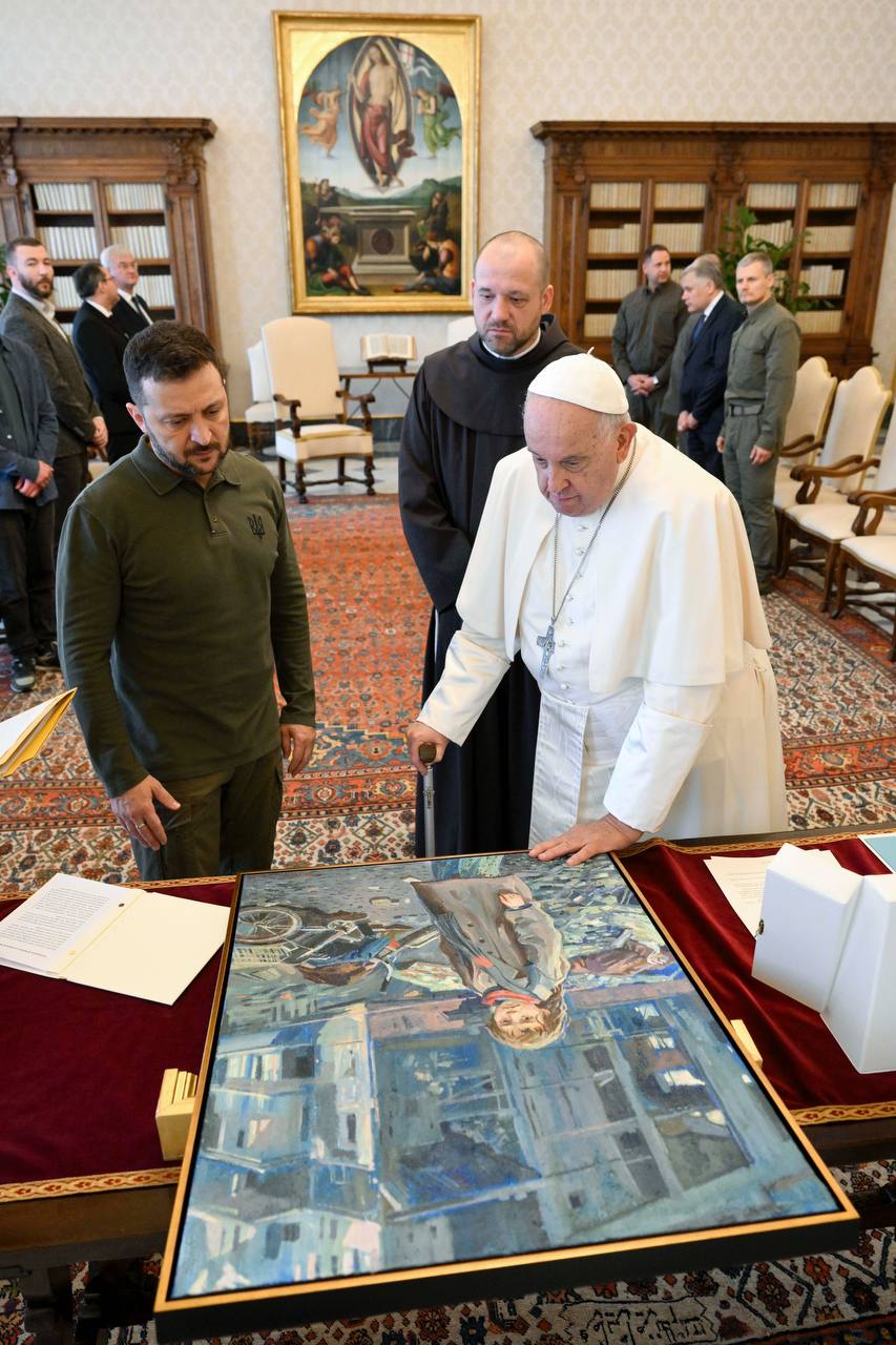 Zelensky gifts Pope painting of Bucha tragedy