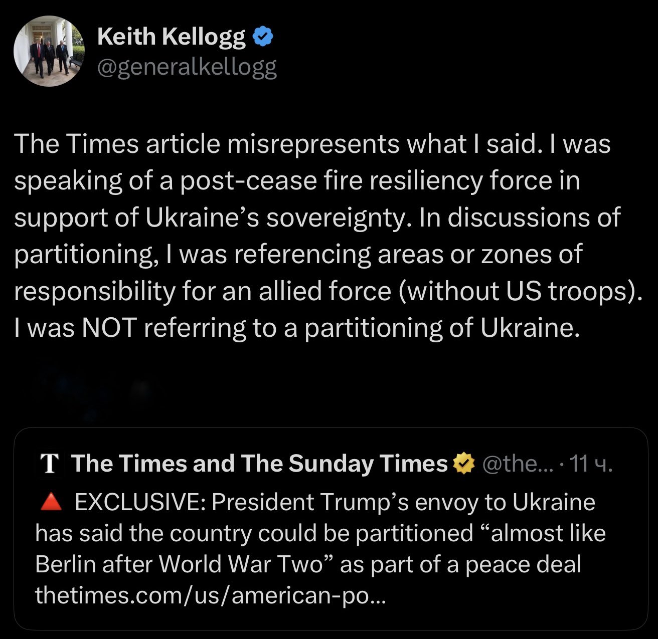 Kellogg denies advocating partition of Ukraine in peace deal
