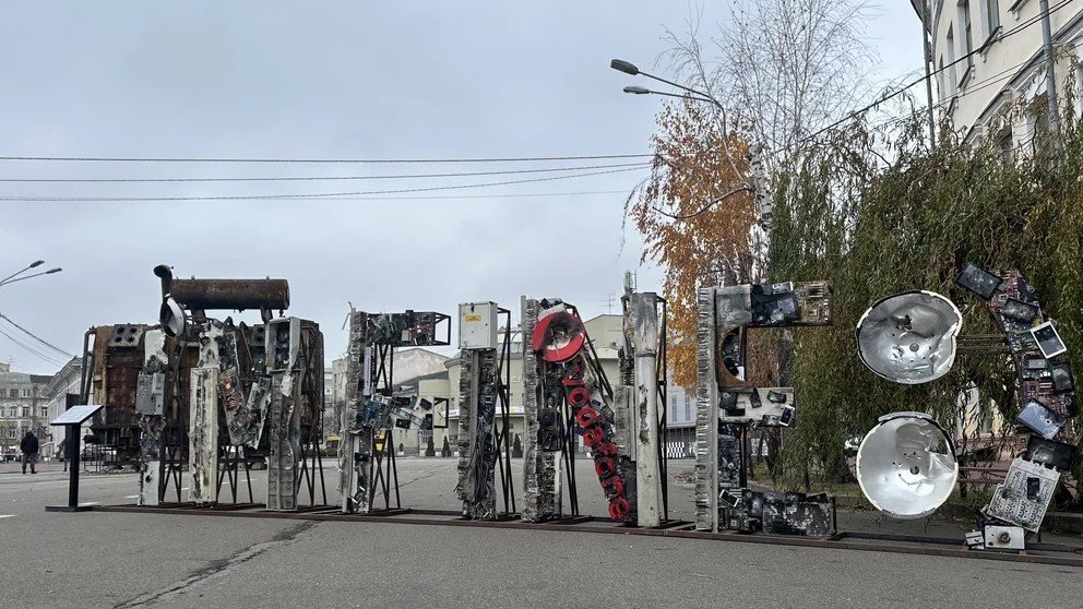 I’m Fine installation made from damaged telecom equipment in Kyiv
