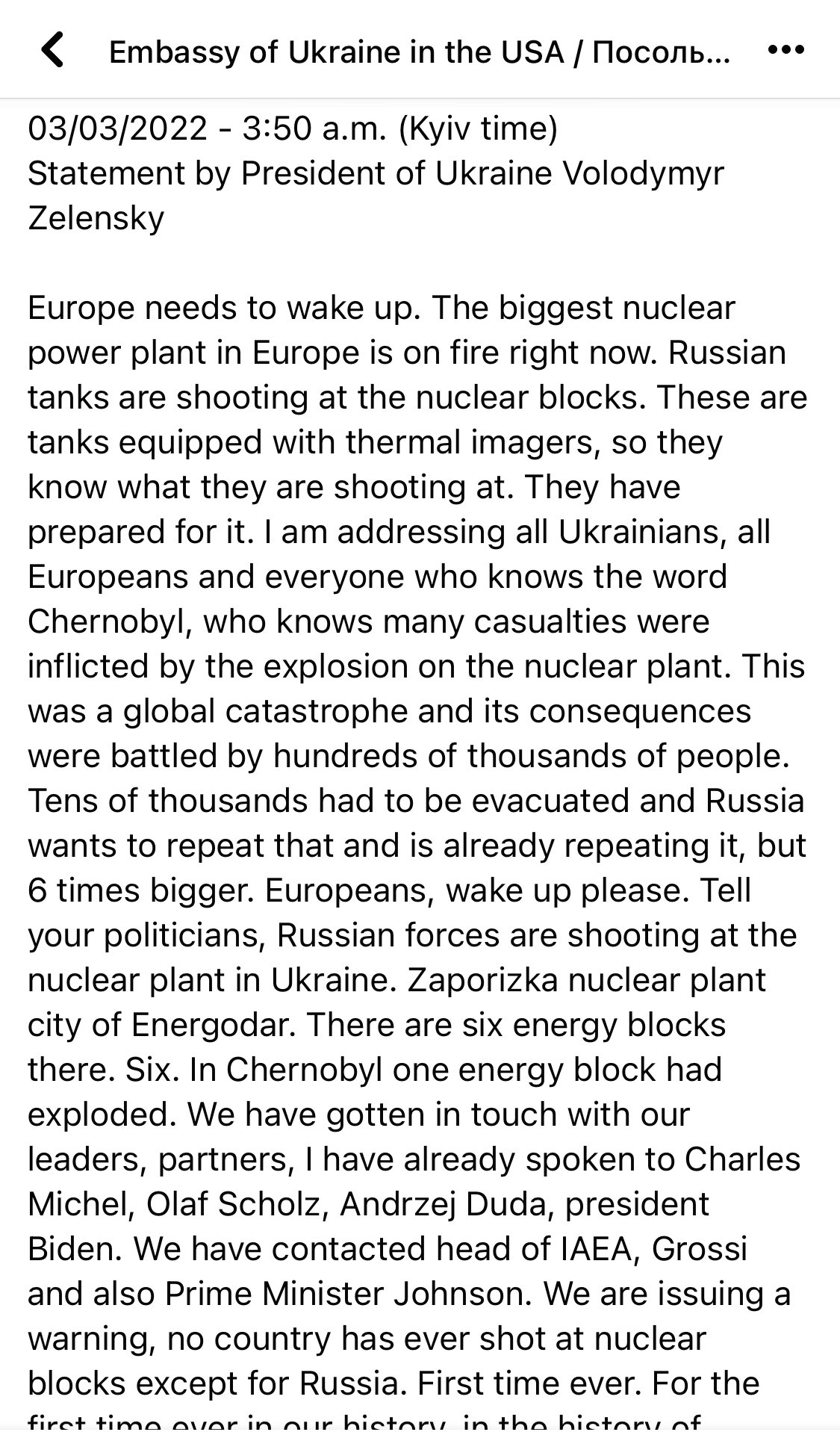 Zelensky’s urgent message on power plant translated by @UKRintheUSA