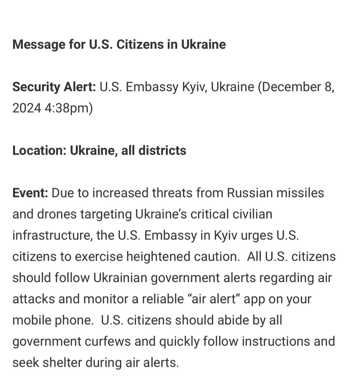 US Embassy warns of Russian missile and drone threats