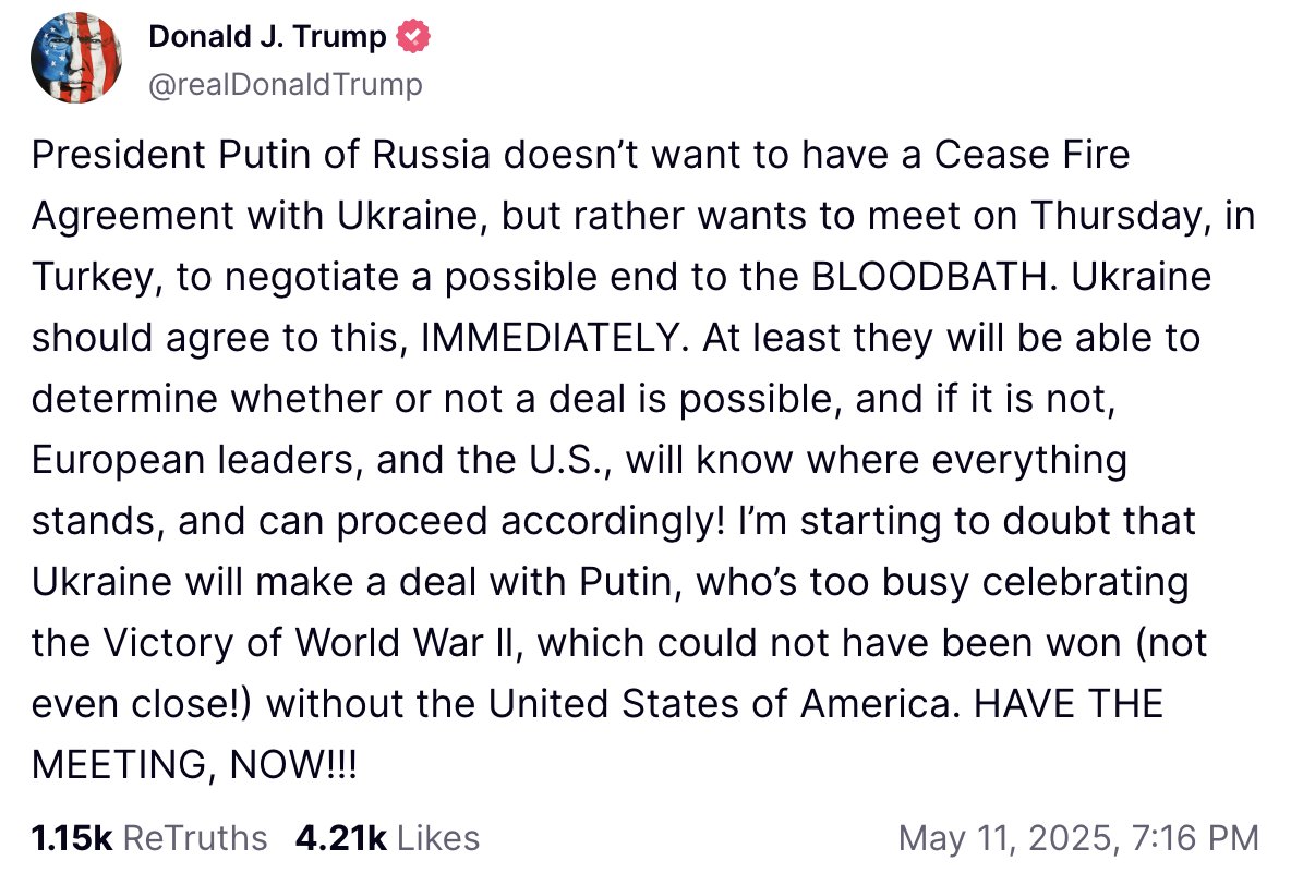 Trump urges Ukraine to accept Putin’s Istanbul meeting proposal immediately