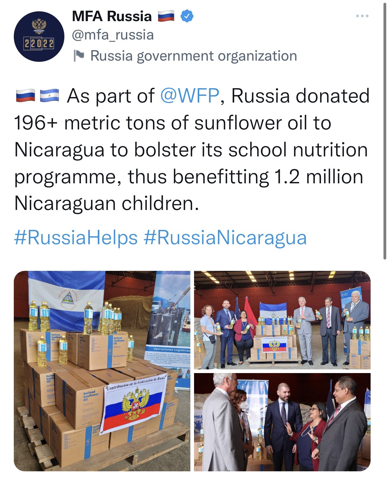 Russia steals sunflower oil from Ukraine, donates to Nicaragua