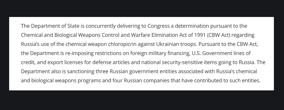 US State Dept confirms Russian chemical weapons use in Ukraine, imposes sanctions.