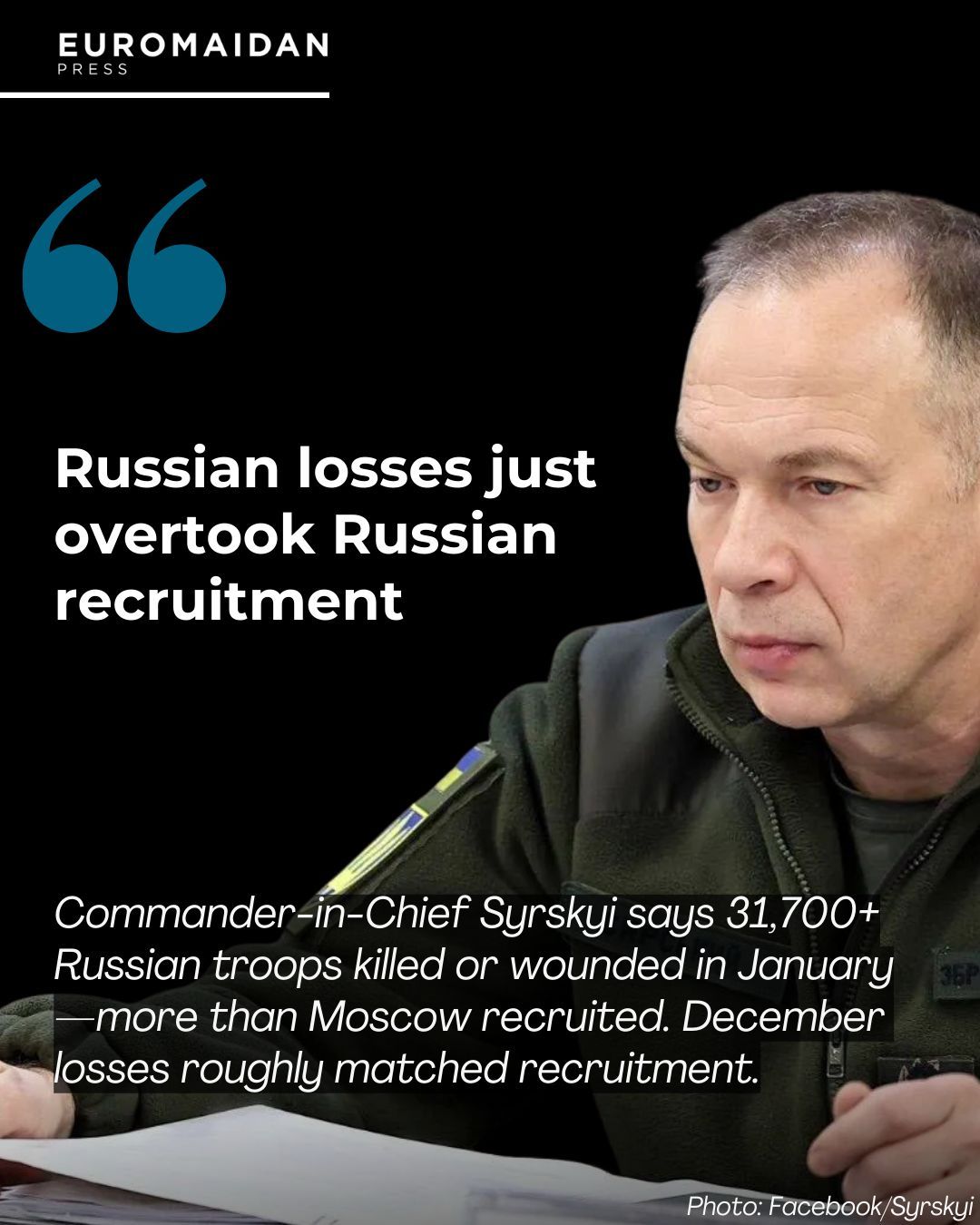 Ukraine’s troop kill rate surpasses Russia’s replacement rate, says Syrskyi