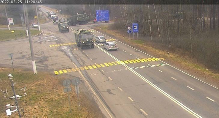 A Russian convoy heads to the Ukrainian border