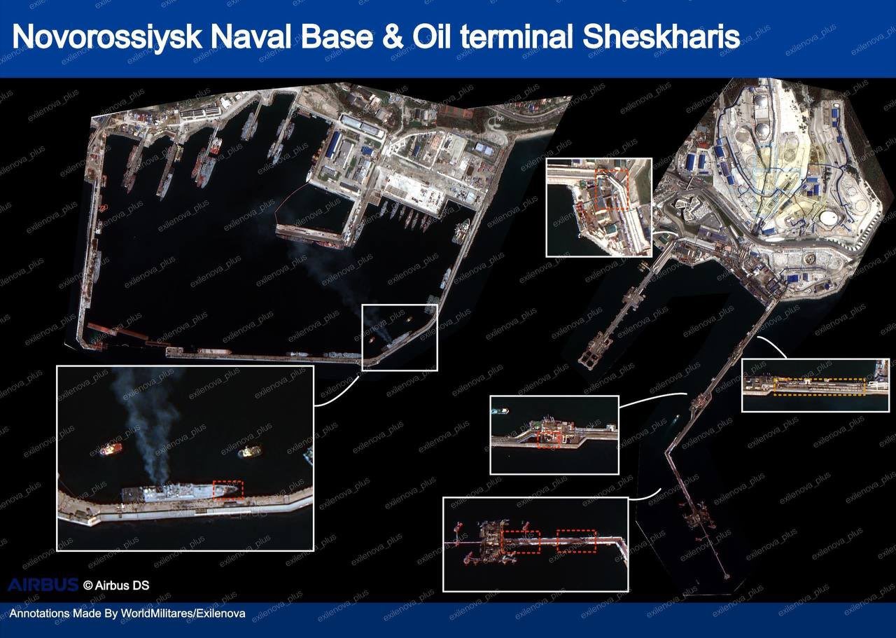 Satellite images show damage to Novorossiysk oil terminal pipelines, piers, and frigate.