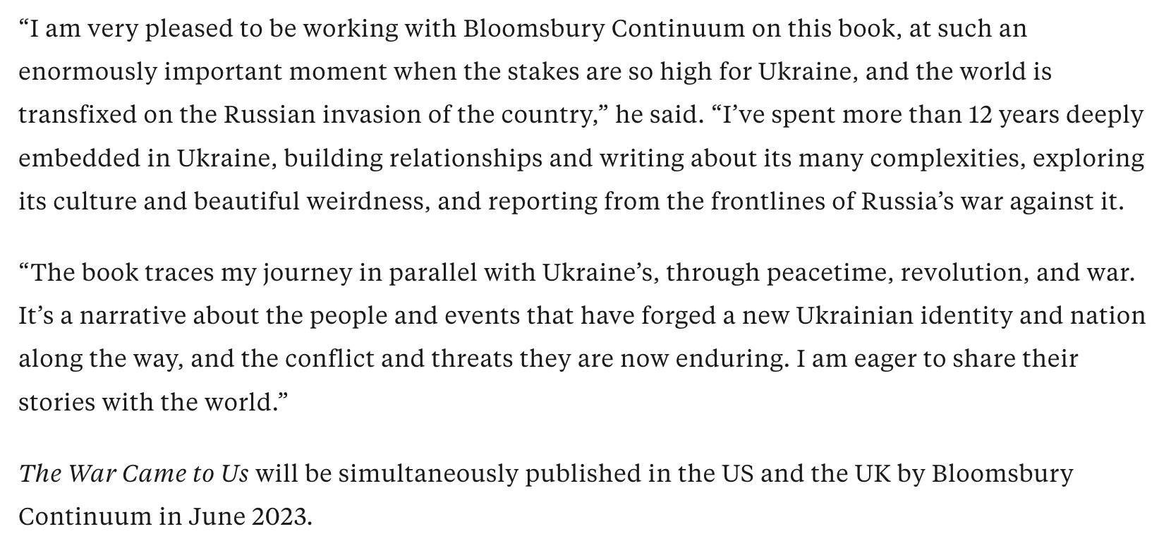 Christopher J.M. announces book deal with Bloomsbury and Stuart Krichevsky Literary Agency about Ukraine