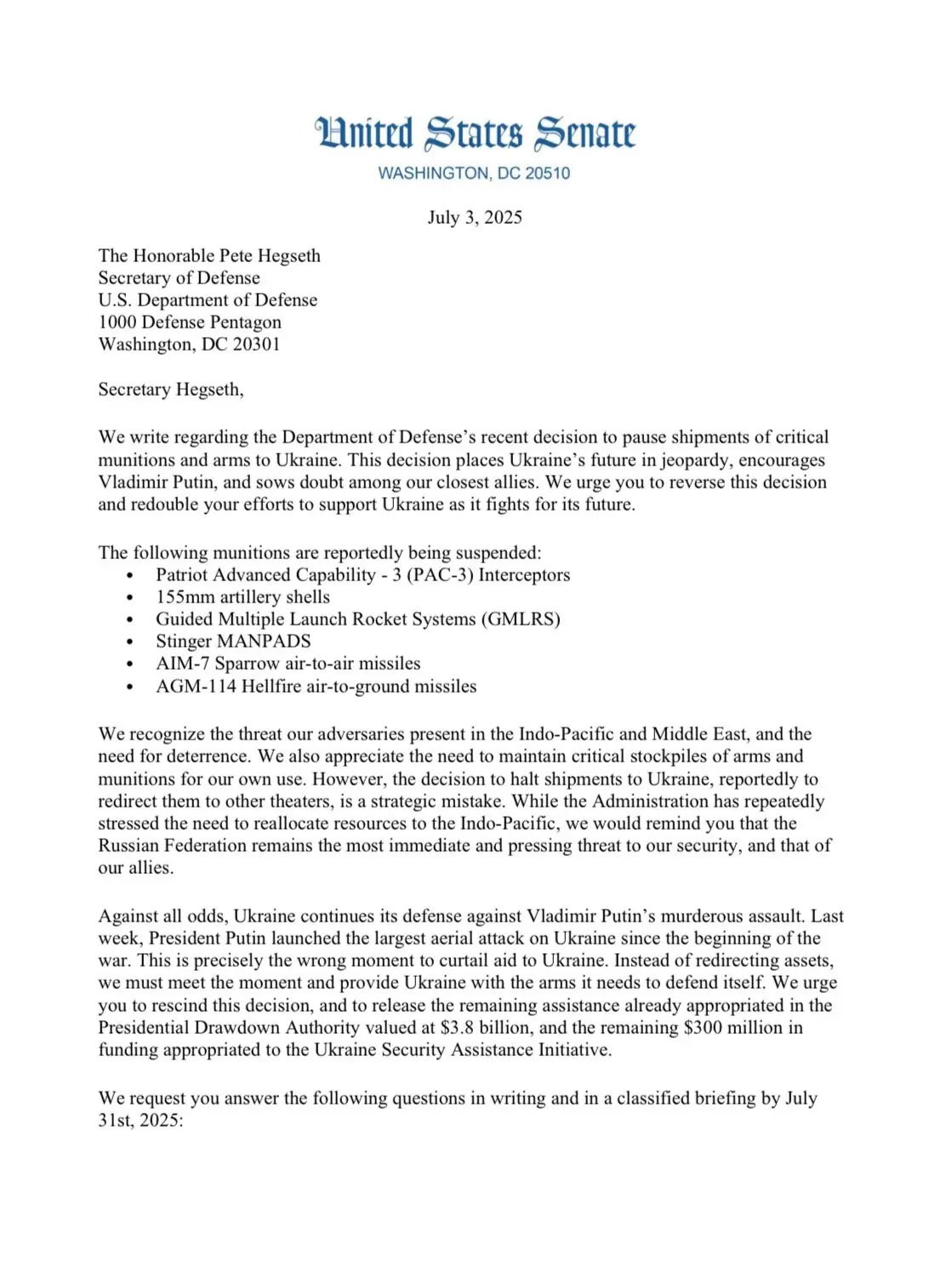 US lawmakers demand more weapons for Ukraine