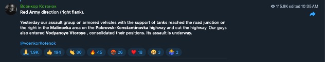 Russian forces reportedly reach key road junction near Malynivka, cutting off access