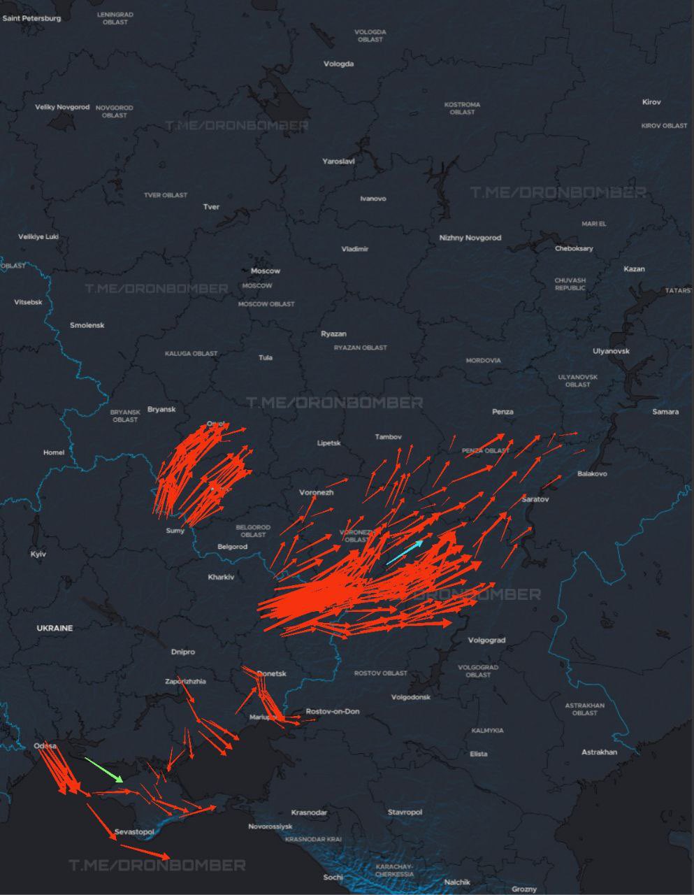 A large group of Ukrainian kamikaze drones heading to targets in Russia