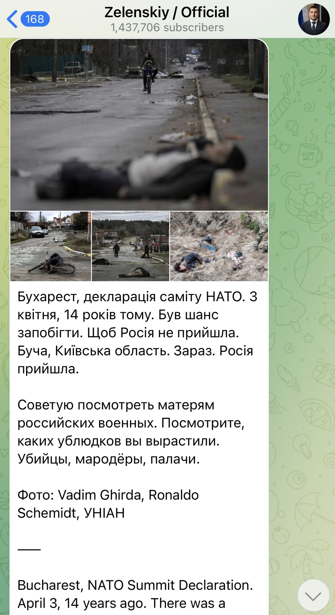 Zelensky condemns Bucha atrocities, criticizes NATO’s 2008 decision