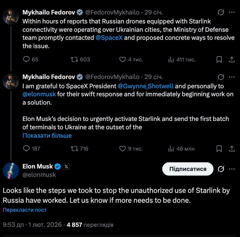 Starlink blocked in Russia, Musk replies to Fedorov