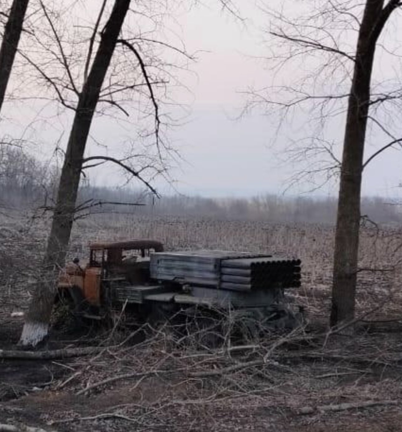 Destroyed Russian Grad-1 MLRS launcher in Kursk region