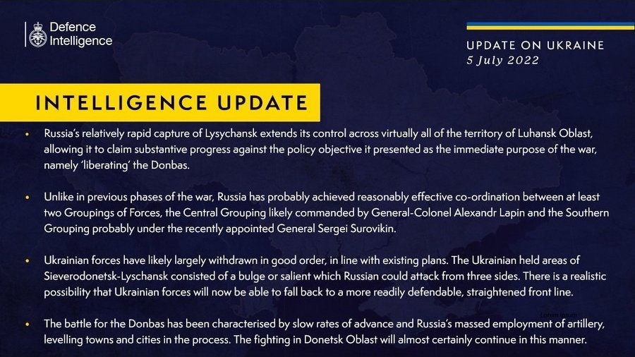British Defense Intelligence Ukraine Update July 5 2022