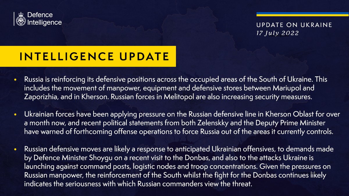 British Defense Intelligence Update on Ukraine, July 17, 2022