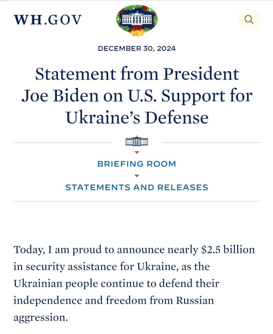 US announces $2.5 billion military aid package to Ukraine