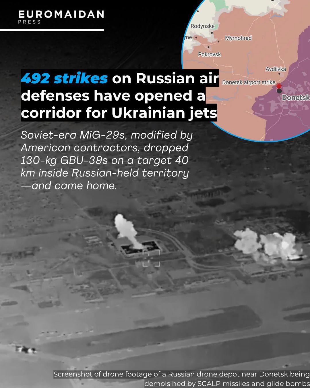 Ukrainian MiG-29s Drop GBU-39 Glide Bombs on Russian Drone Depot