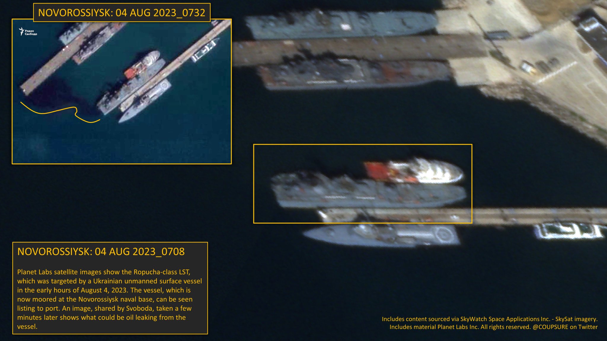 Russian ship damaged in Novorossiysk harbor, leaking and supported