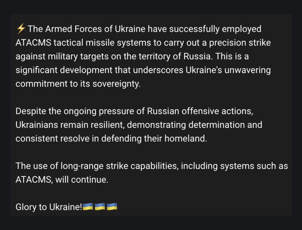According to Ukrainian General Staff, US ATACMS used on Russian soil
