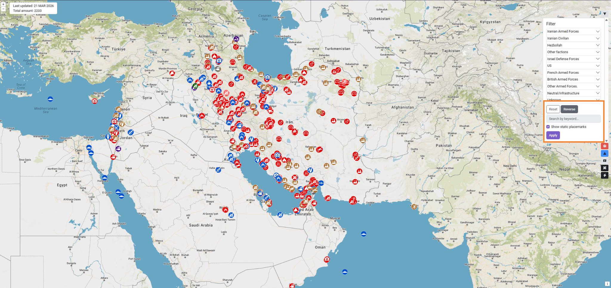 GeoConfirmed Adds Static Layer of Fixed Positions to Iran Map