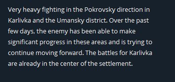 Heavy fighting in Karlivka and Urozhaine; equipment losses for Russians