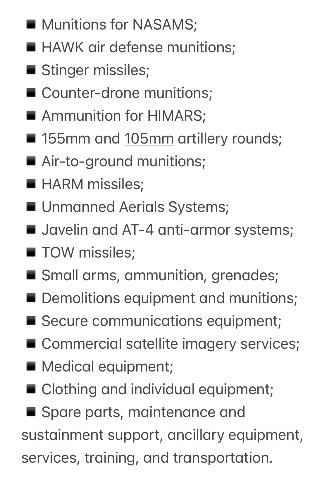 $2.5B Ukraine weapons package contents