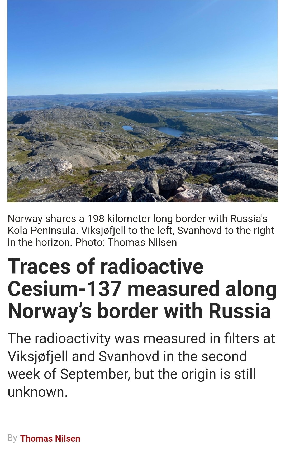 Cesium-137 Traces Detected on Norway-Russia Border