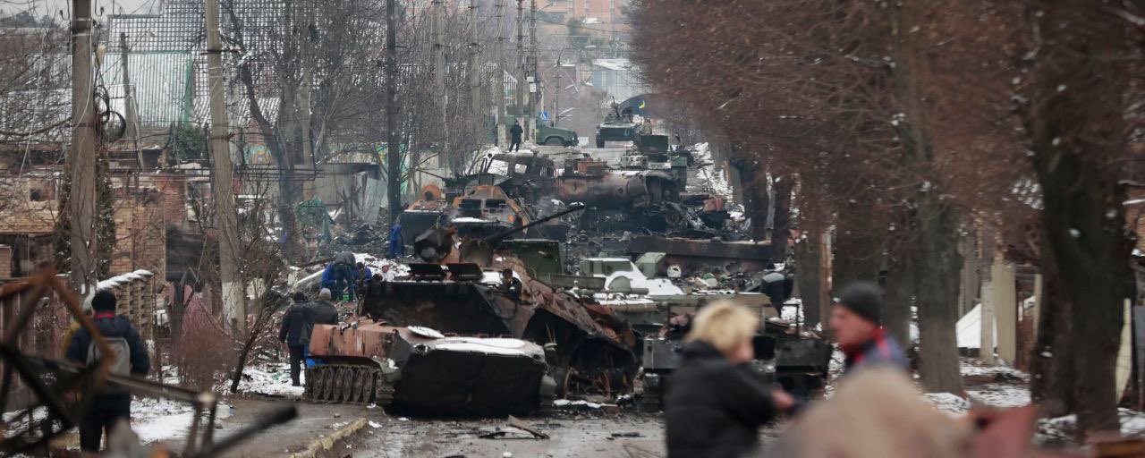 Burned Russian equipment and soldiers in Bucha