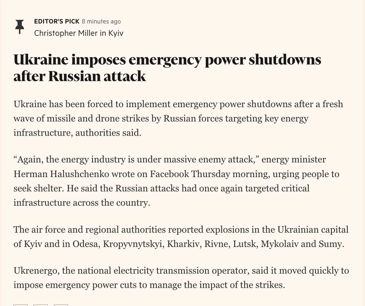 Ukraine experiences power outages after Russian attack