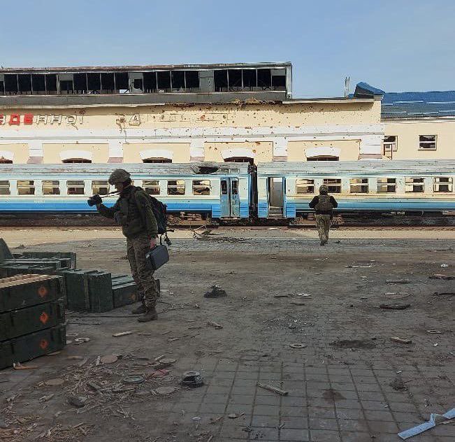 Wrecked train at Trostanyets station after Russian MRLS attack