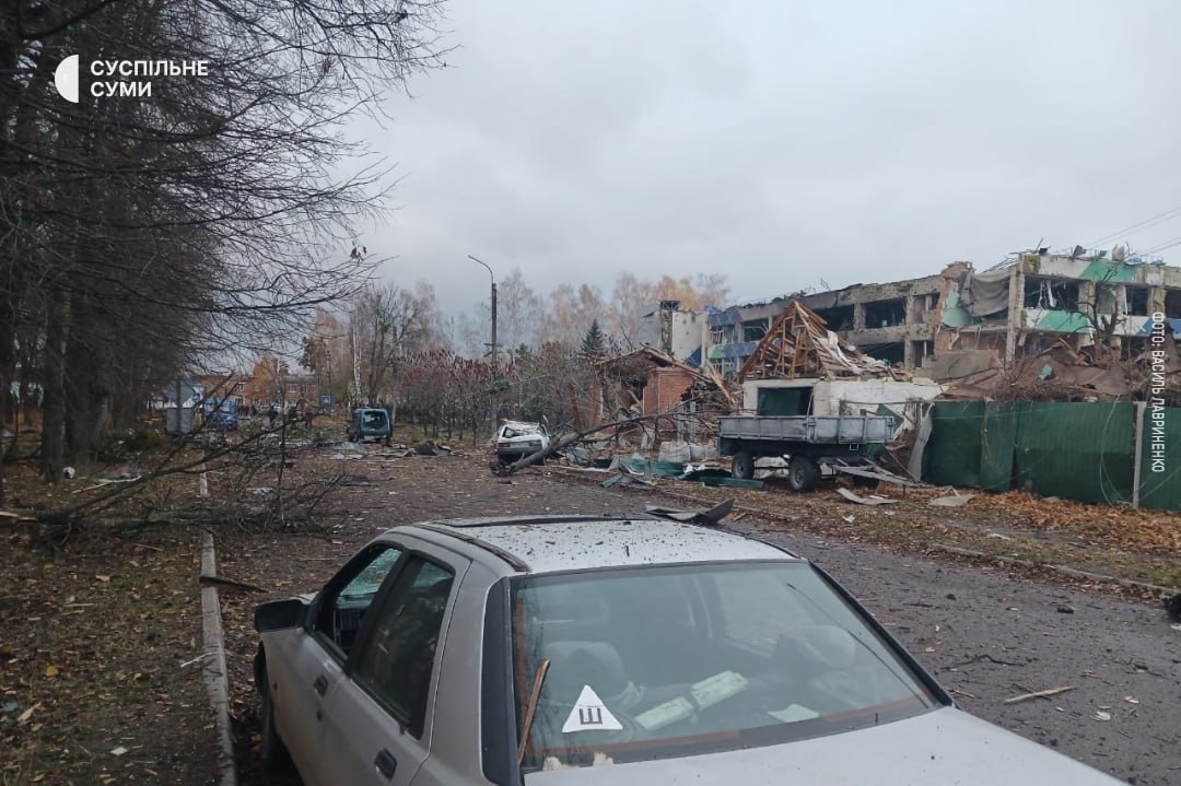 Damage to school building in Krasnopillya, Sumy Oblast, Ukraine
