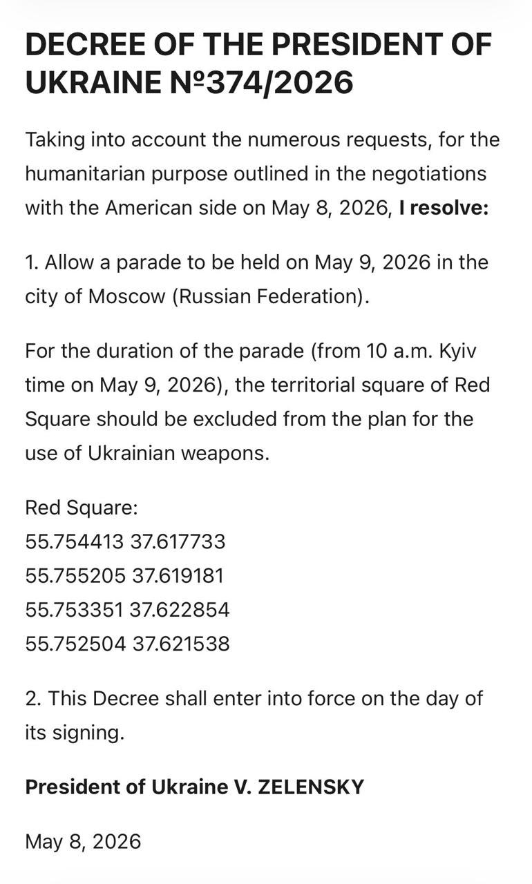 Zelensky orders Ukrainian military not to strike Moscow parade