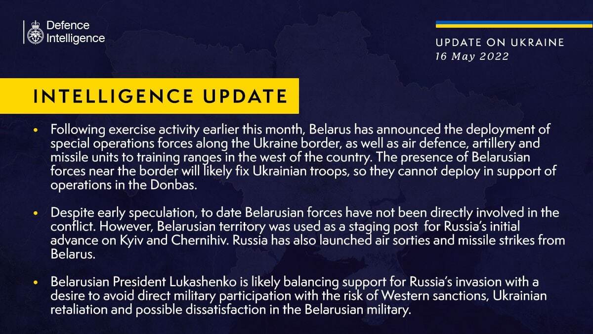 British Defence Intelligence Update on Ukraine 16 May 2022