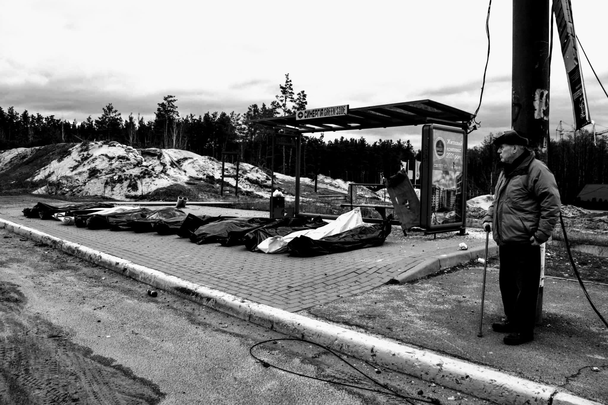 16 dead civilians at bus stop in Irpin, Ukraine