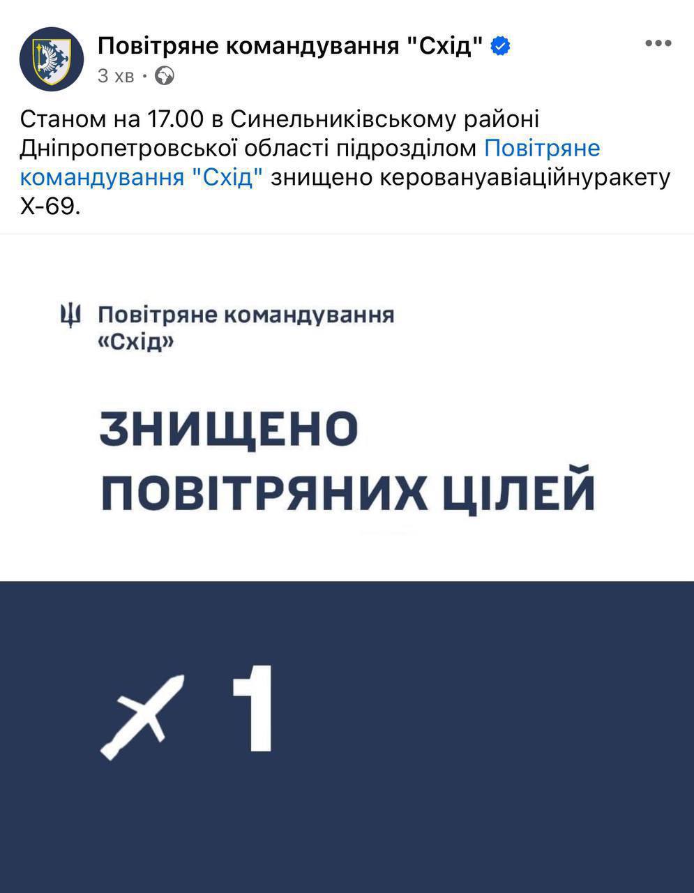 Newest Russian Kh-69 missile destroyed in Dnipropetrovsk region