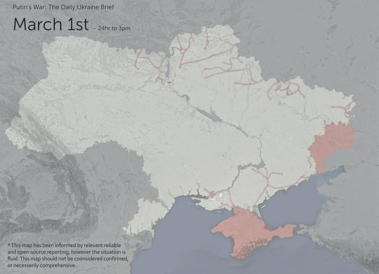 Map of March 1: Russians move, cities not controlled