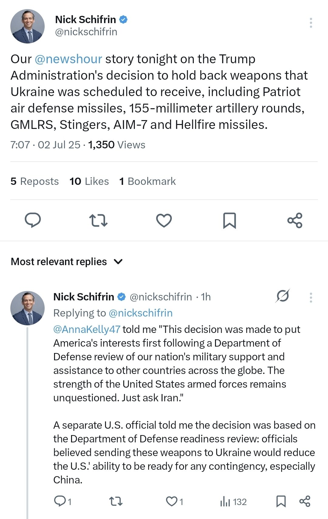 USA stops Patriot missile supplies to Ukraine