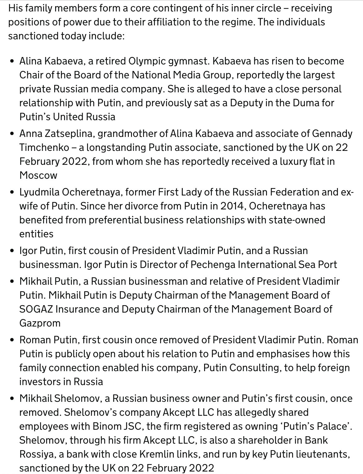 UK Sanctions Putin’s Rumored Girlfriend, Ex-Wife, and Family Members