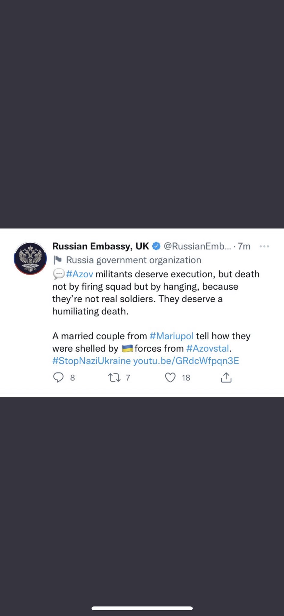 Russian Embassy in UK urges death of Azov soldiers; expel envoy?