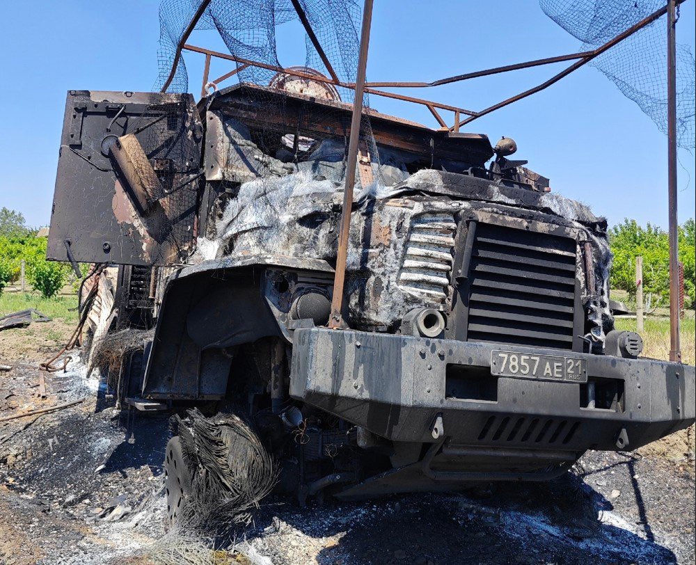 Destroyed Russian armored cargo vehicle URAL Tornado-U in Donetsk