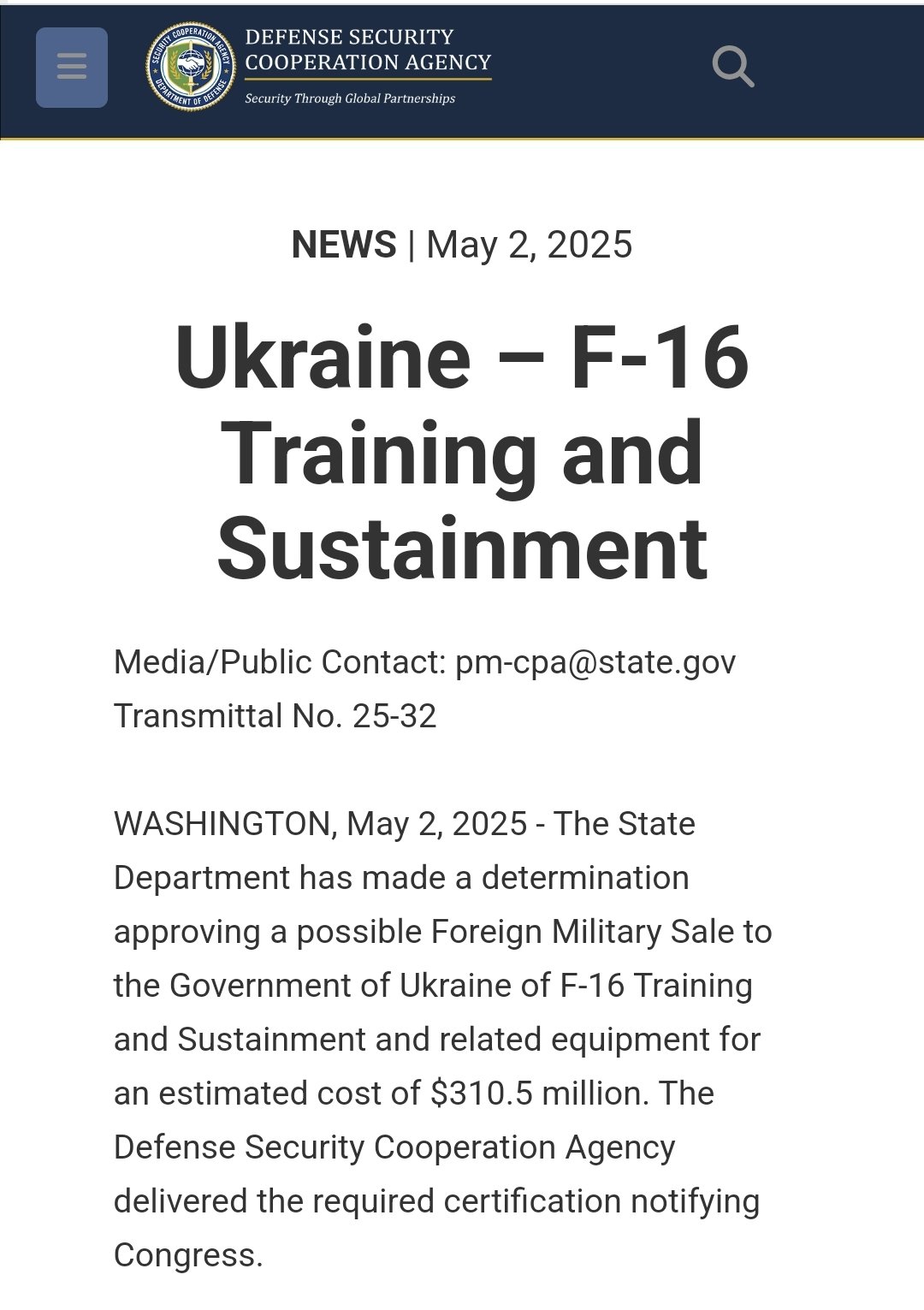 États-Unis approuvent vente d’équipements F-16 à l’Ukraine