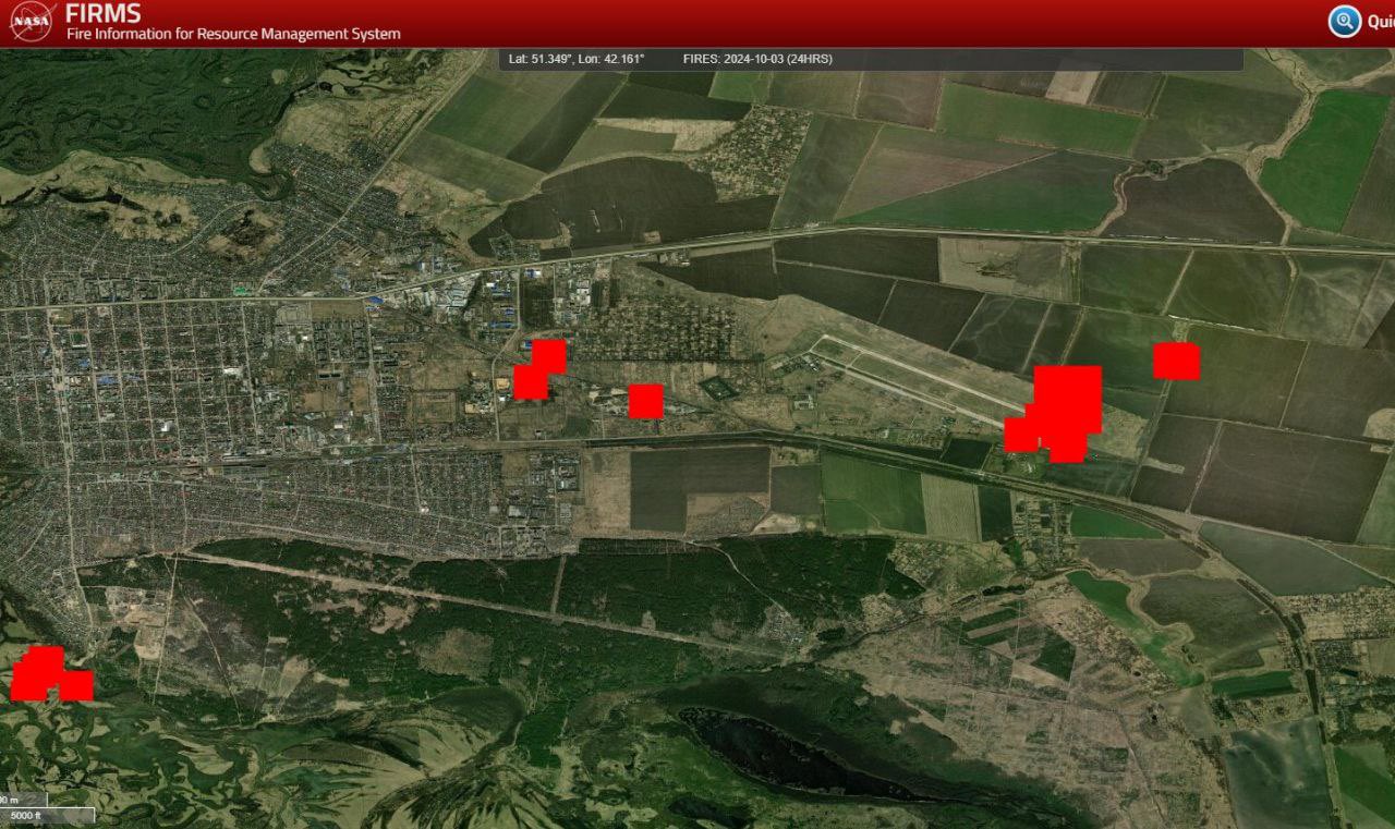 NASA FIRMS confirms large fires at Russian Borisoglebsk airfield after drone strikes